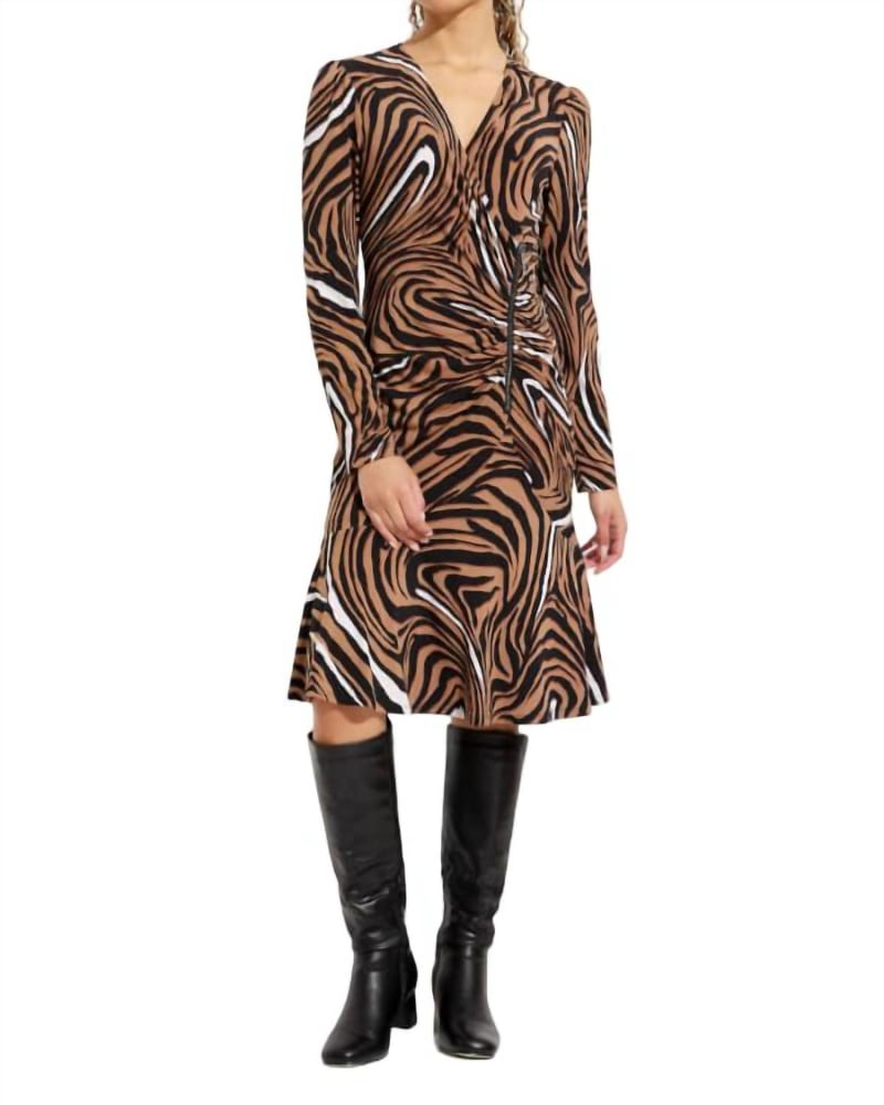 Front of a model wearing a size 12 Side Zip Dress In Black/Multi in Black/Multi by Joseph Ribkoff. | dia_product_style_image_id:355165